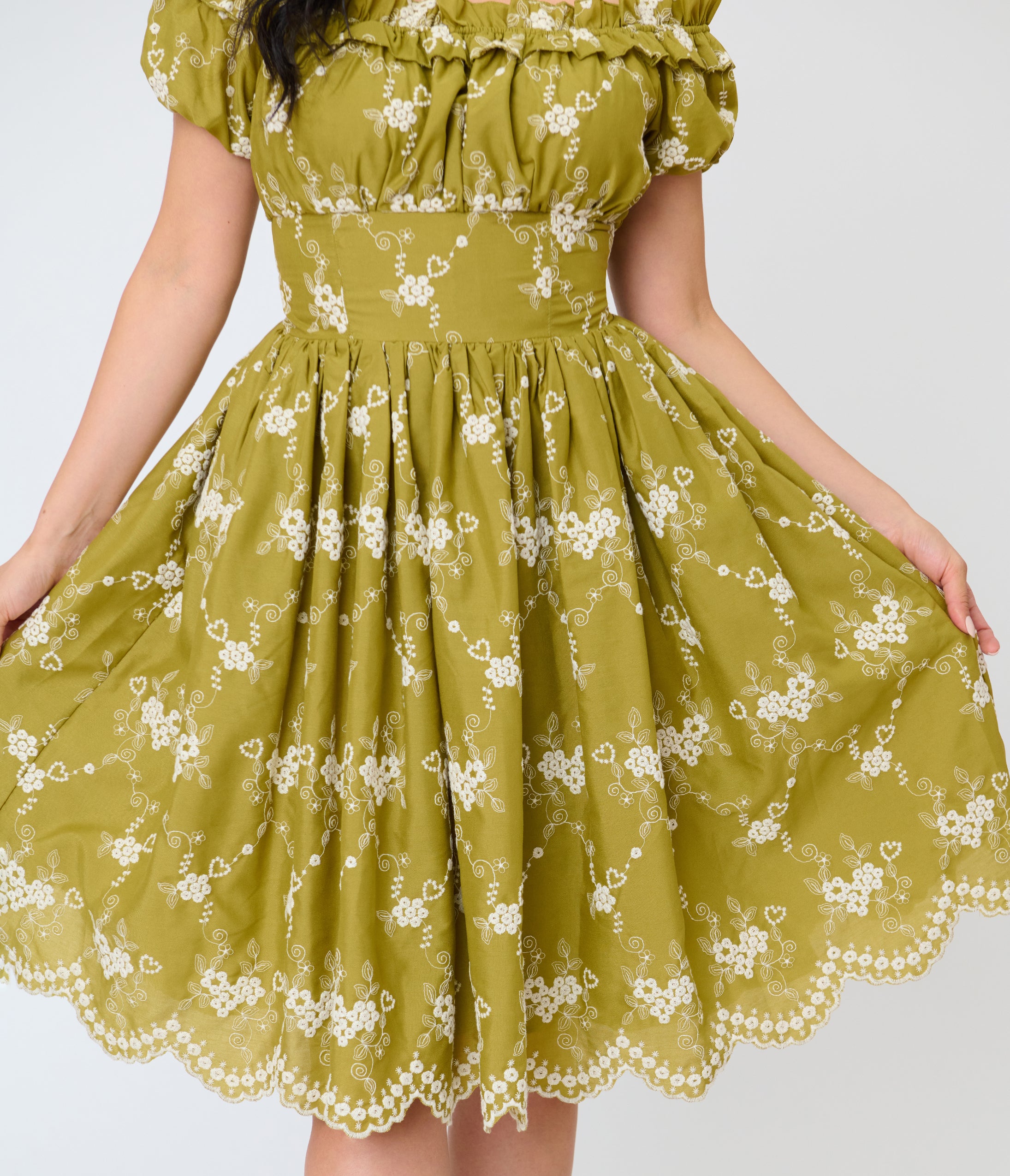 Unique Vintage Chartreuse Eyelet Off The Shoulder Ruffle Swing Dress