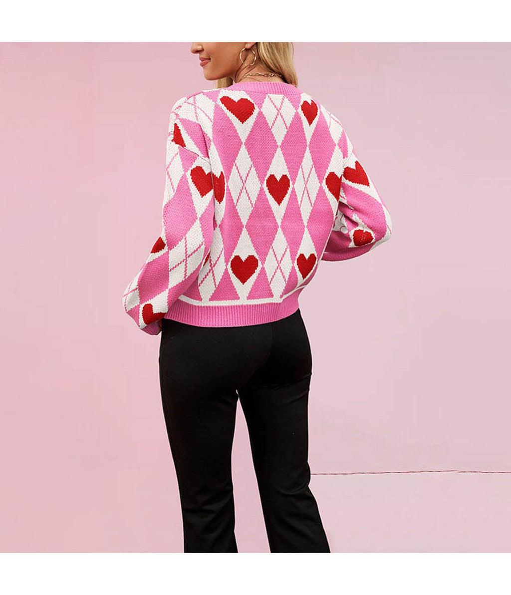 Pink & White Argyle Heart Cardigan