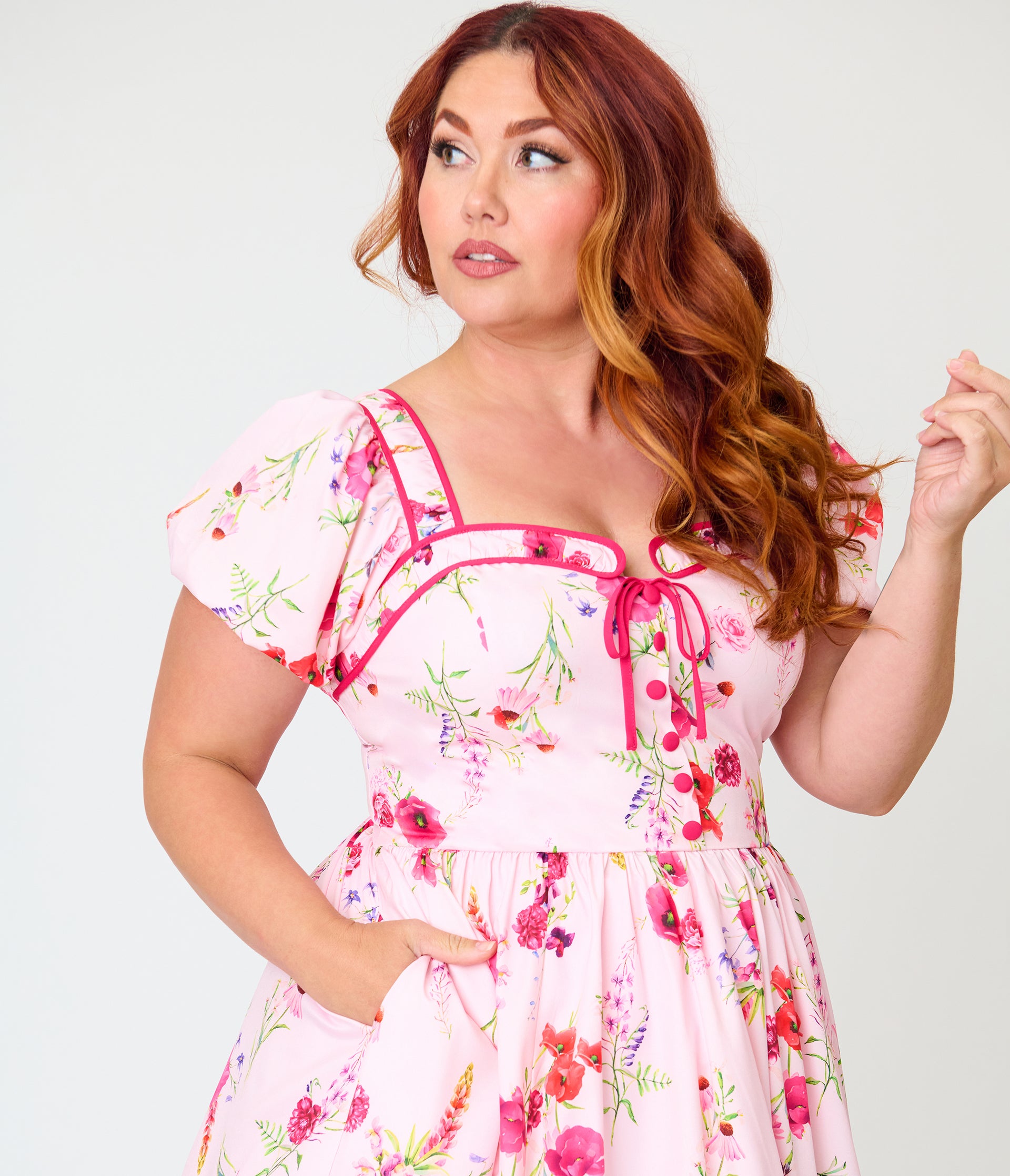 Unique Vintage Plus Size Pink Floral Button Front Swing Dress