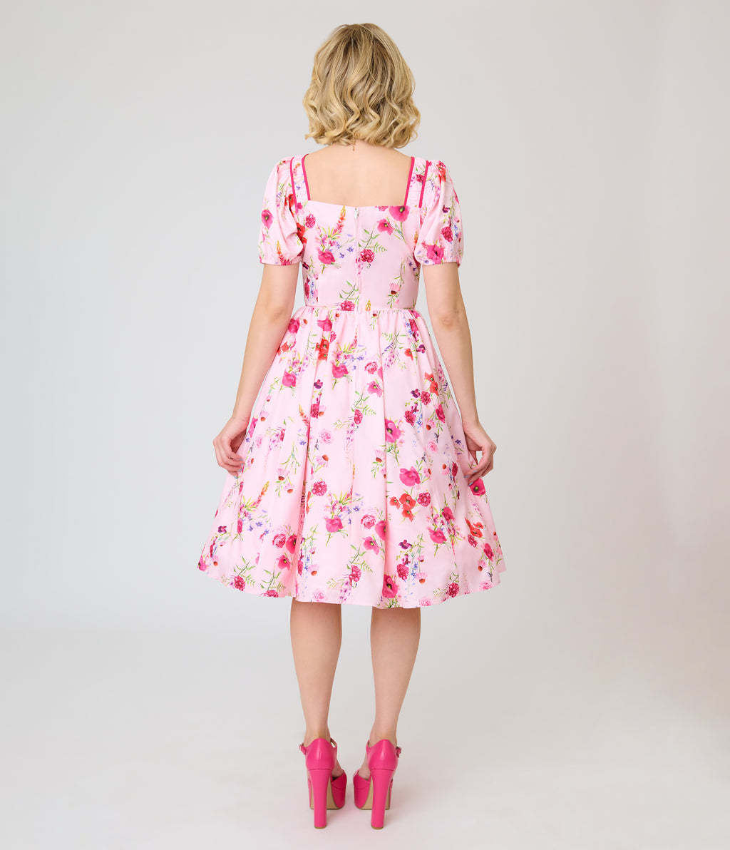 Unique Vintage Pink Floral Button Front Swing Dress