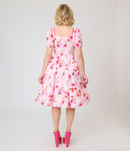 Unique Vintage Pink Floral Button Front Swing Dress