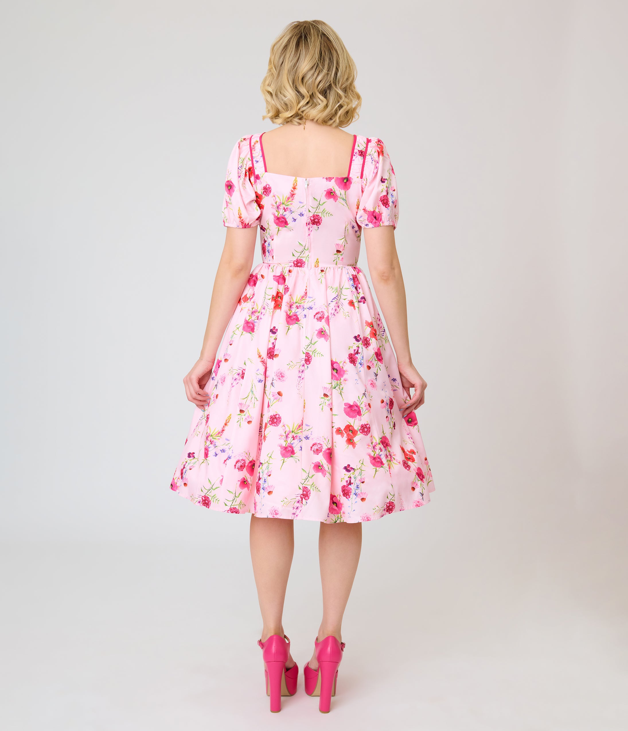 Unique Vintage Pink Floral Button Front Swing Dress