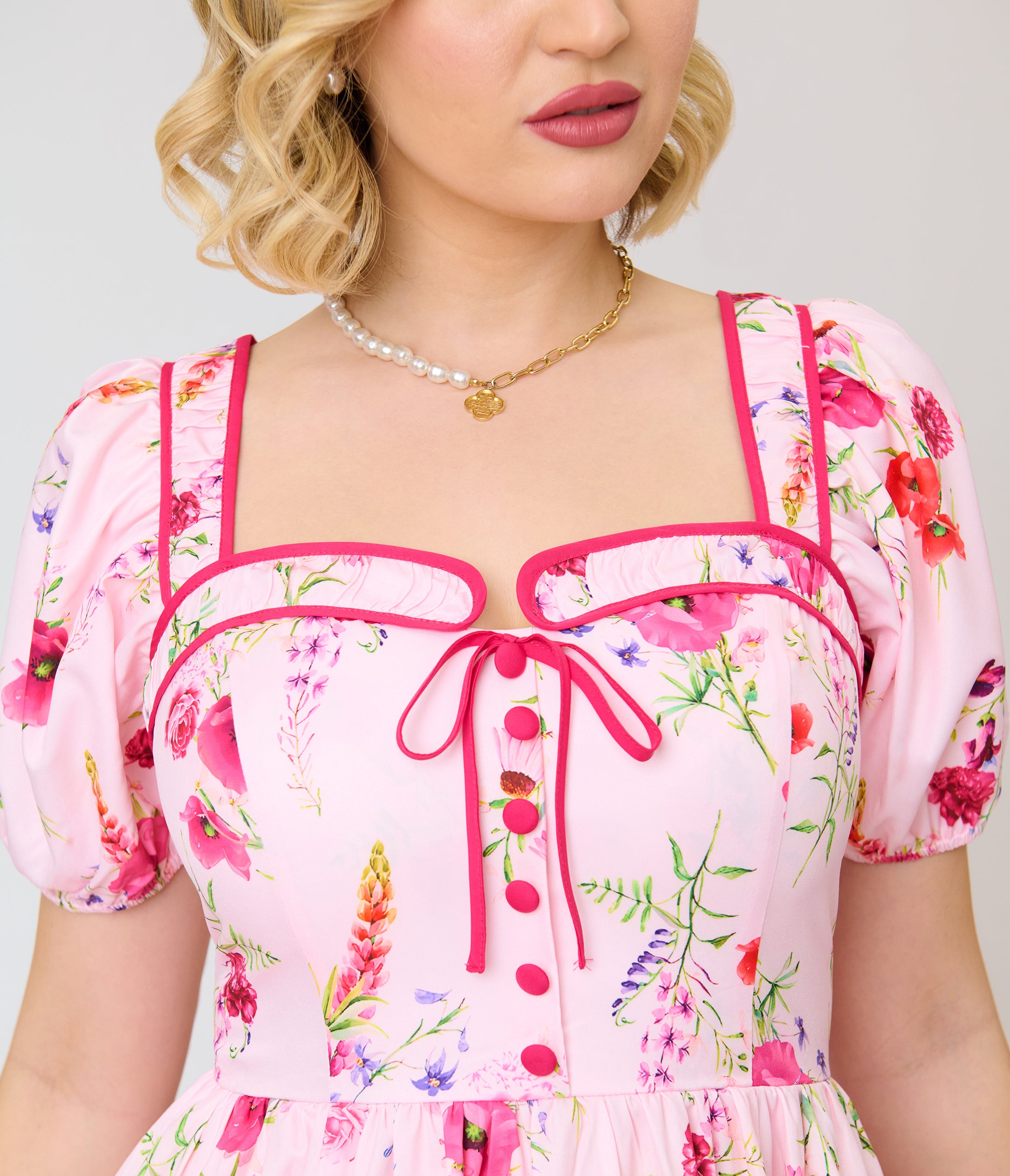 Unique Vintage Pink Floral Button Front Swing Dress