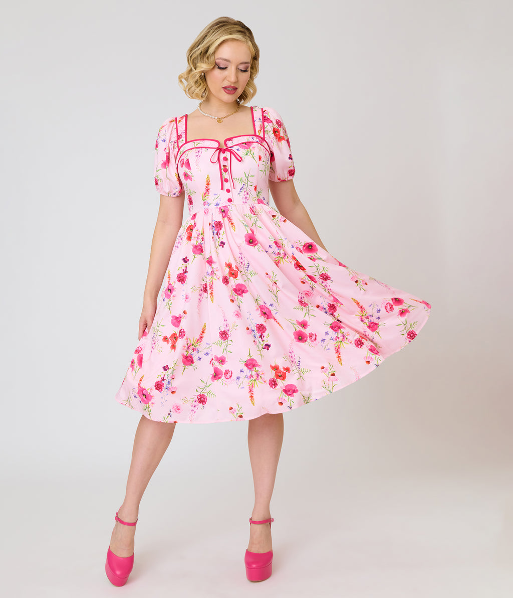 Unique Vintage Pink Floral Button Front Swing Dress