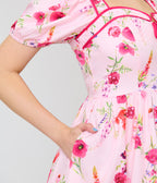 Unique Vintage Pink Floral Button Front Swing Dress