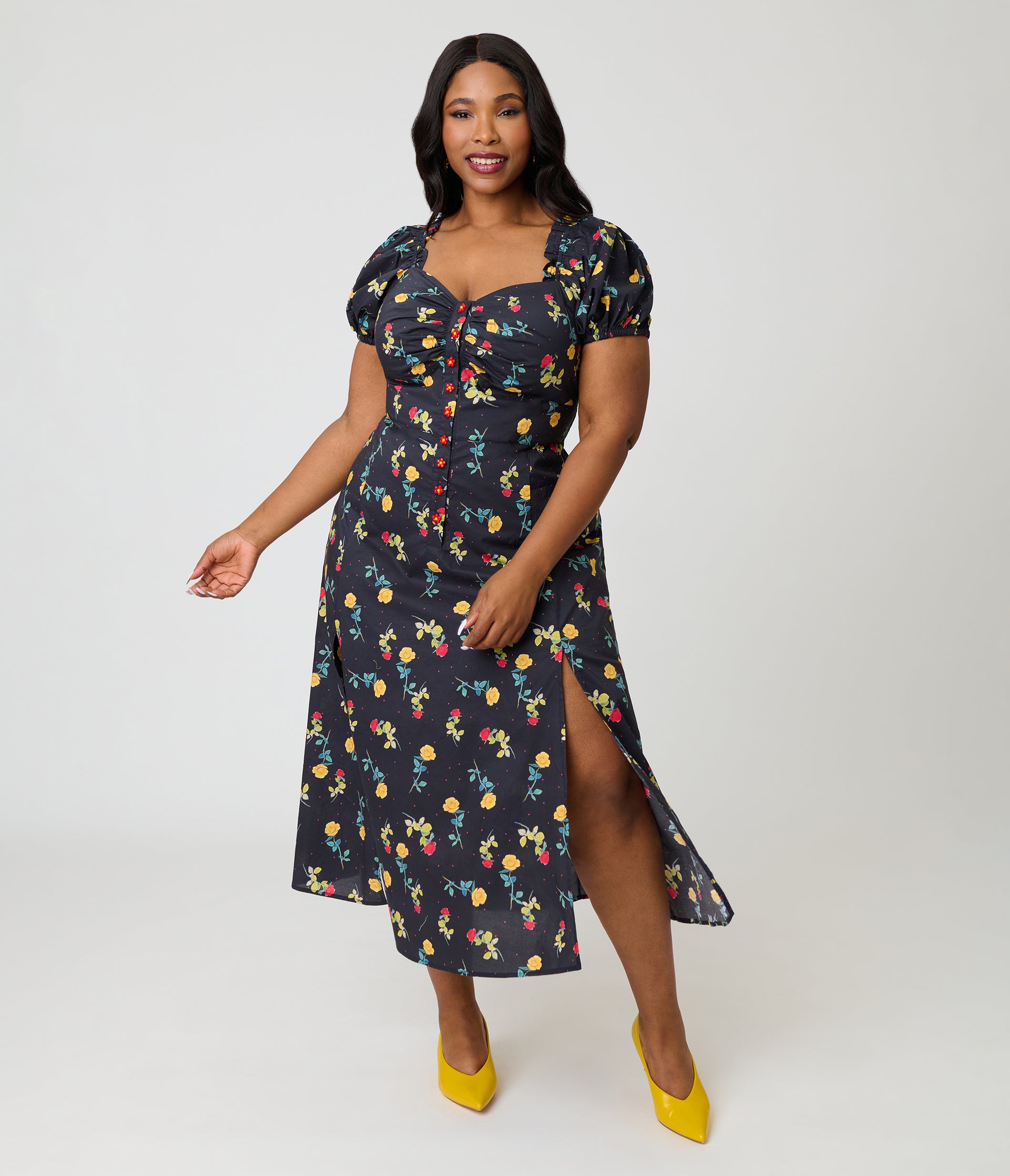Unique Vintage Plus Size 1940s Black Floral Midi Dress