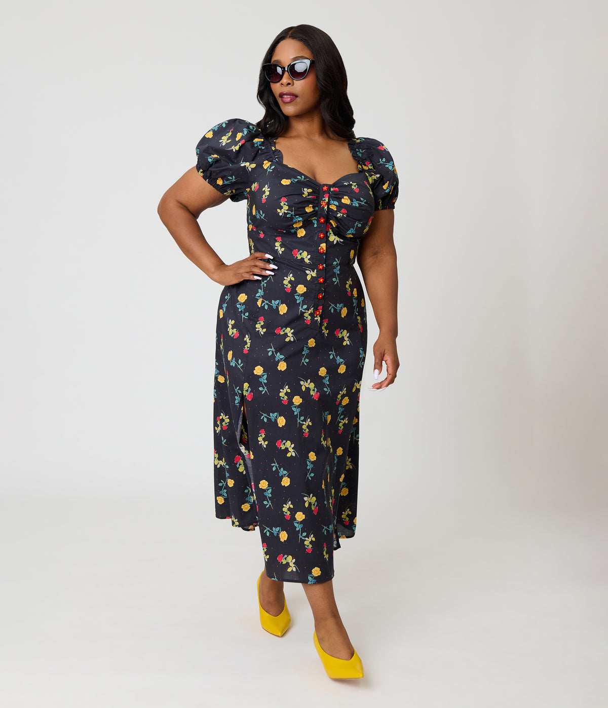 Unique Vintage Plus Size 1940s Black Floral Midi Dress