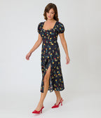 Unique Vintage 1940s Black Floral Midi Dress