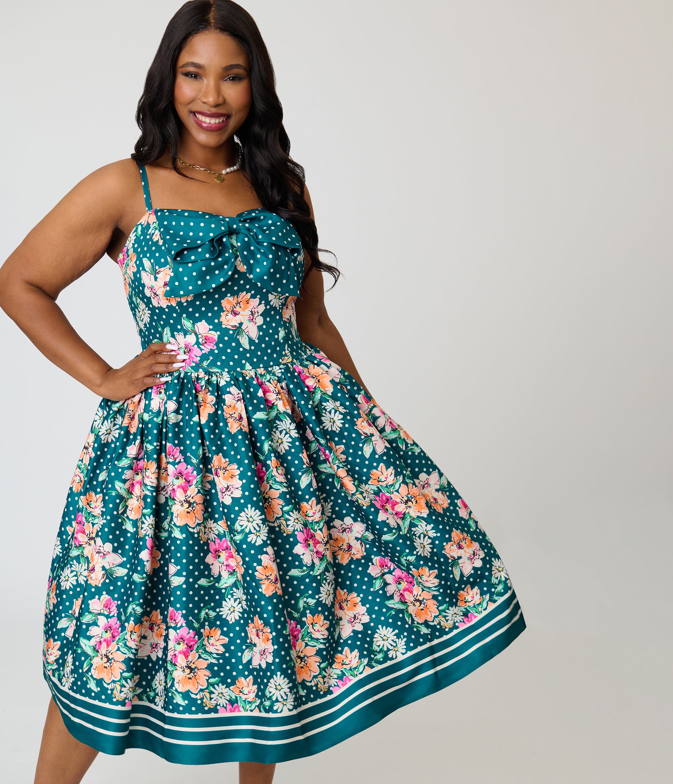 plus size polka dot dress Unique Vintage Teal & Floral Bow Sweetheart Swing Casual summer outfits for pre teen boutique charleston Parc dress in bouclé Sleeve Length:32-33