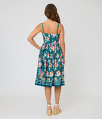 Unique Vintage Teal Polka Dot & Floral Bow Sweetheart Swing Dress