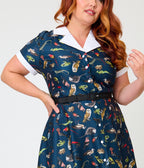 Unique Vintage Plus Size Navy Creatures Print Alexis Swing Dress