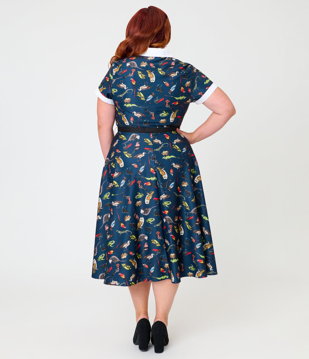 Unique Vintage Plus Size Navy Creatures Print Alexis Swing Dress