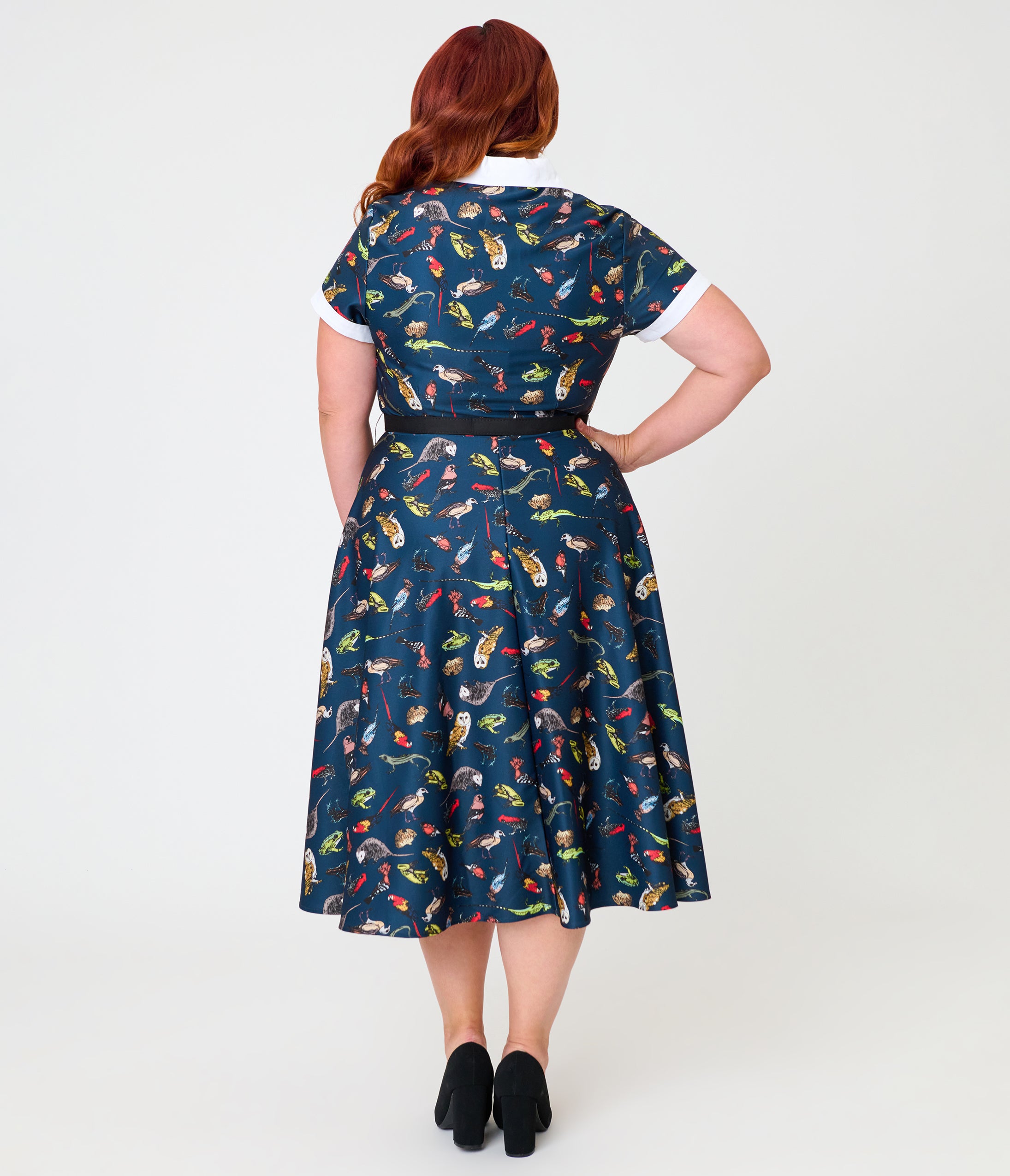 Unique Vintage Plus Size Navy Creatures Print Alexis Swing Dress