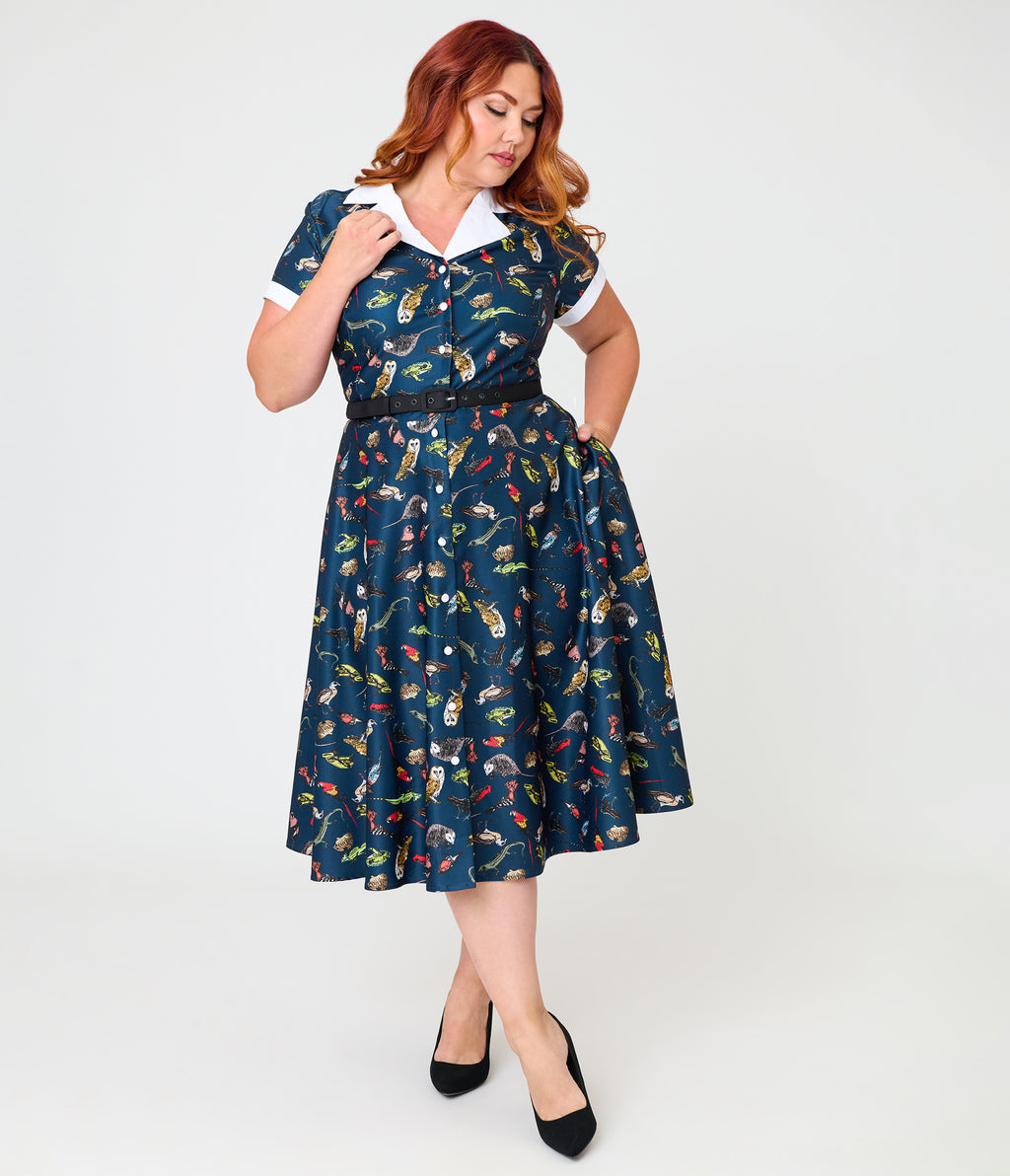 Unique Vintage Plus Size Navy Creatures Print Alexis Swing Dress