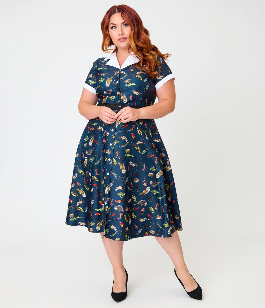 Unique Vintage Plus Size Navy Creatures Print Alexis Swing Dress