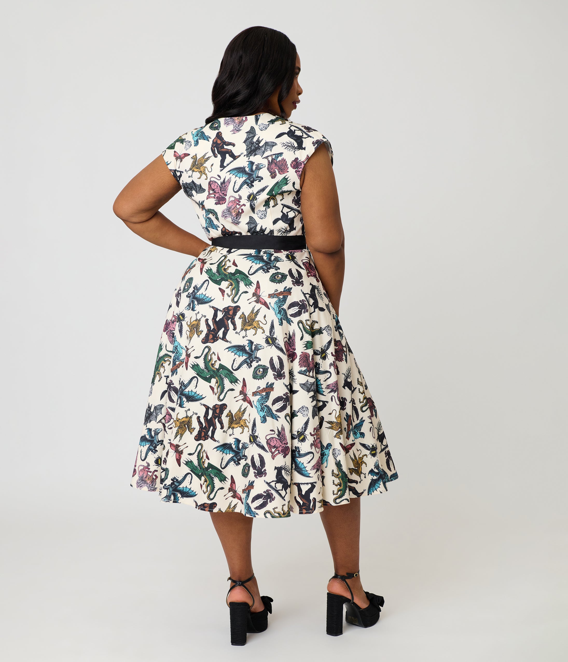Unique Vintage Plus Size Cryptid Print Hedda Swing Dress