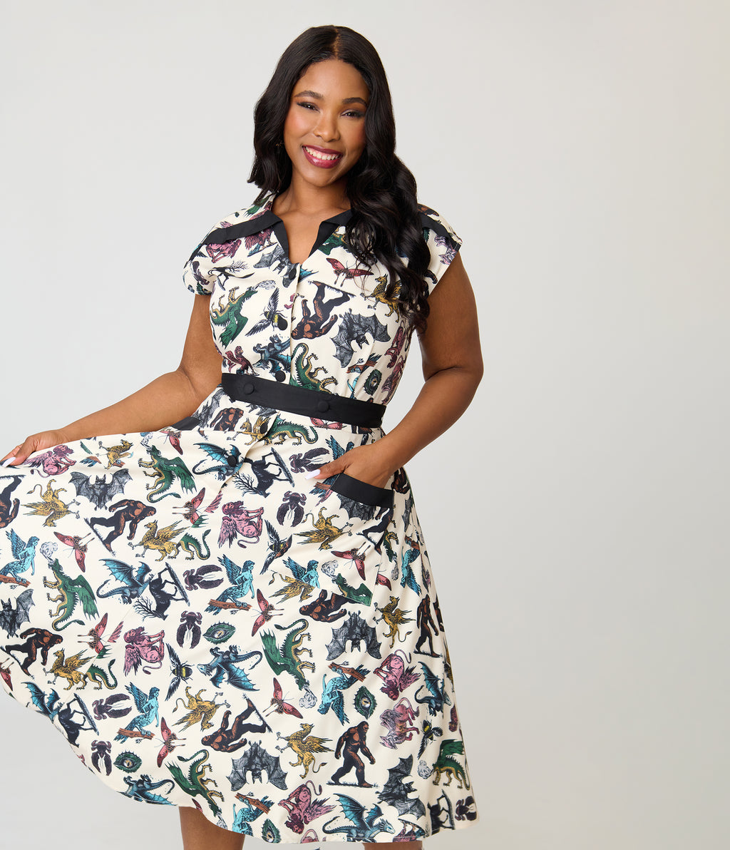 Unique Vintage Plus Size Cryptid Print Hedda Swing Dress