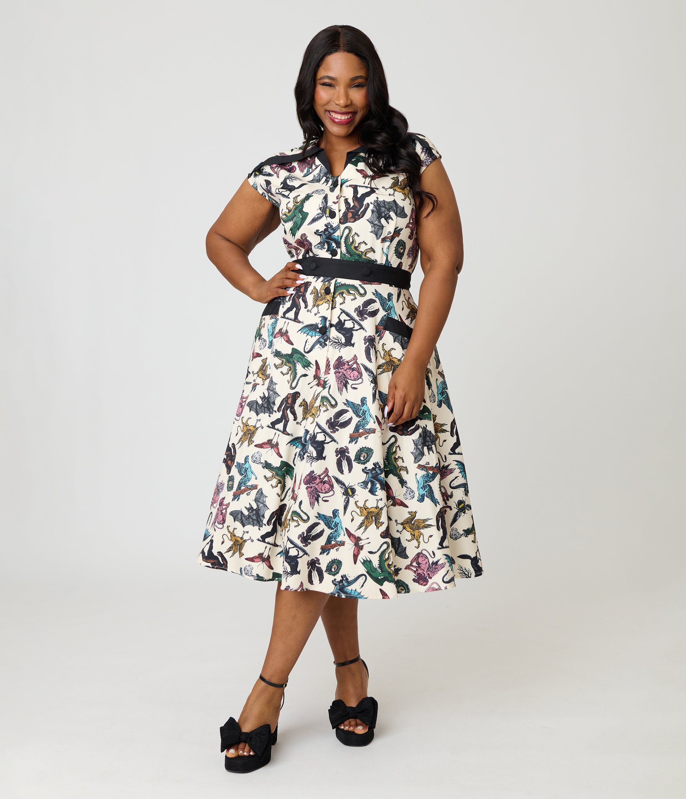 Unique Vintage Plus Size Cryptid Print Hedda Swing Dress