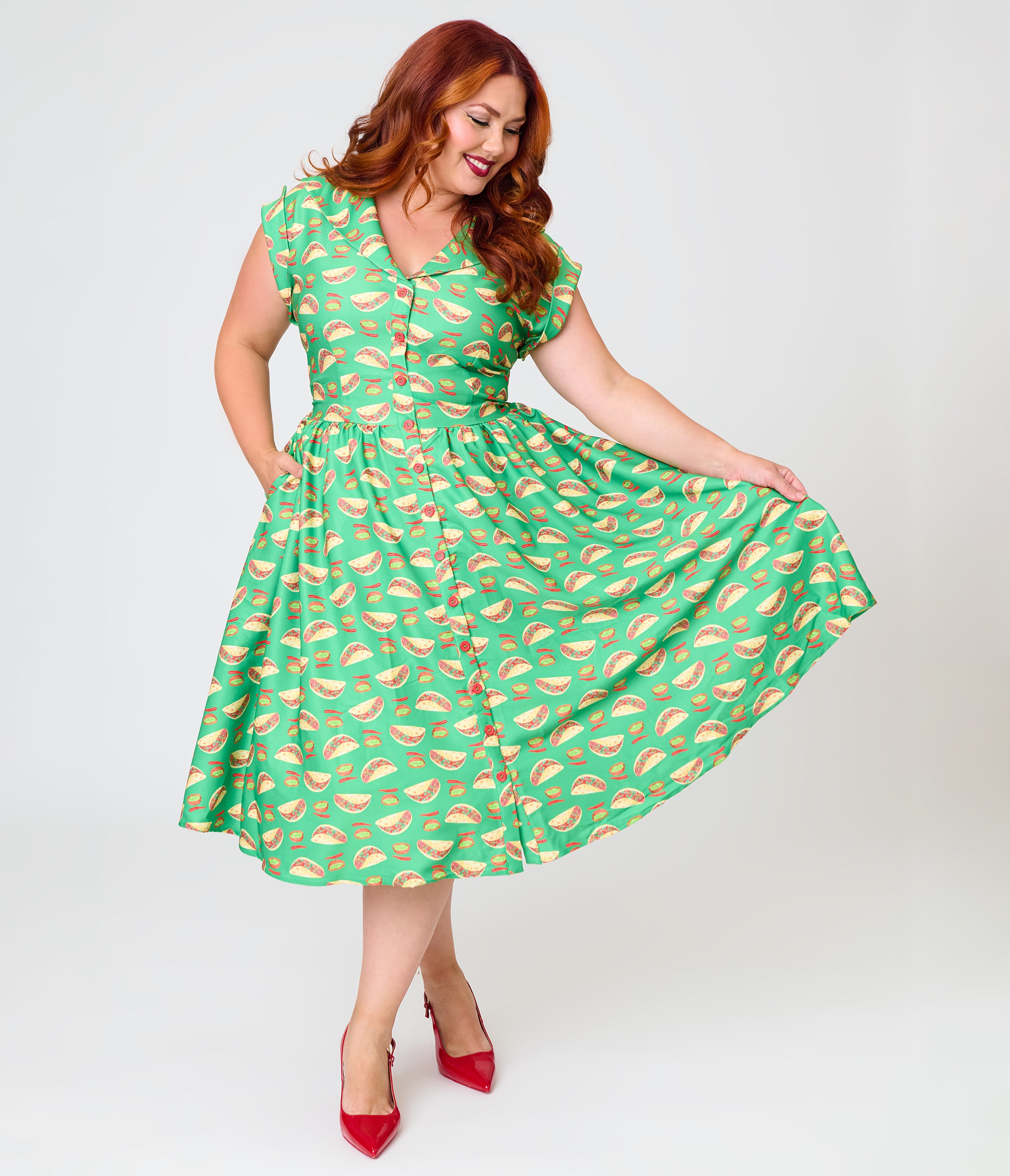 Unique Vintage Plus Size Green Taco Print Swing Dress