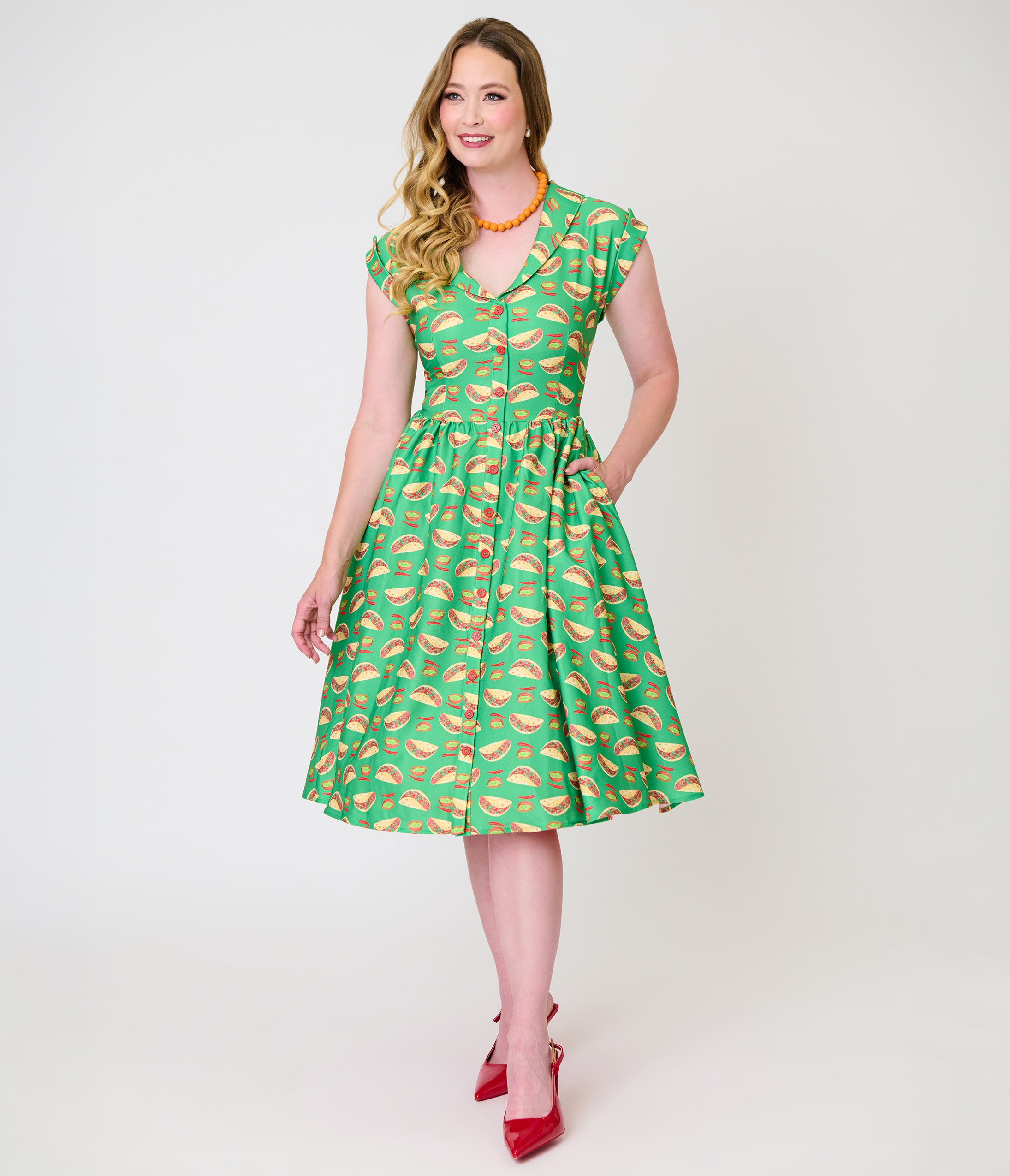 Unique Vintage Green Taco Print Swing Dress