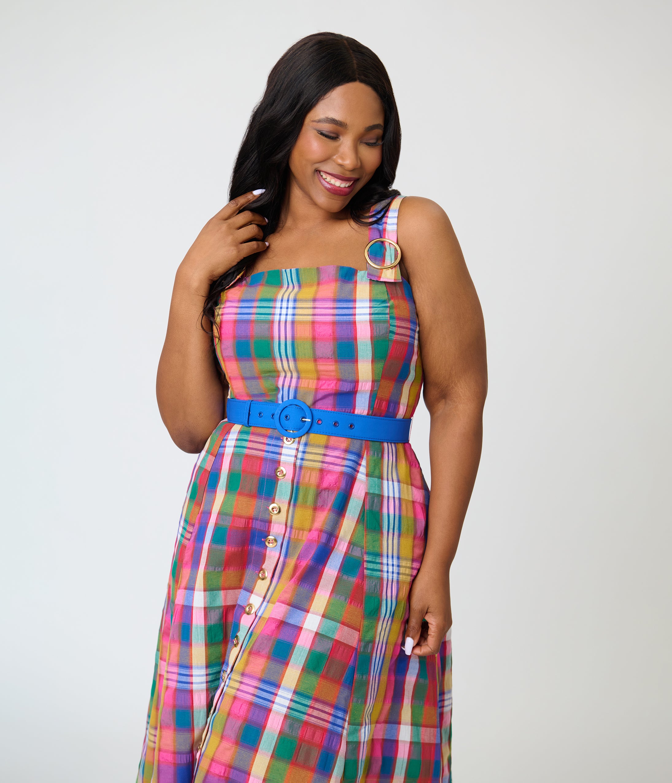 Unique Vintage Plus Size Madras Plaid Picnic Perfect Midi Dress