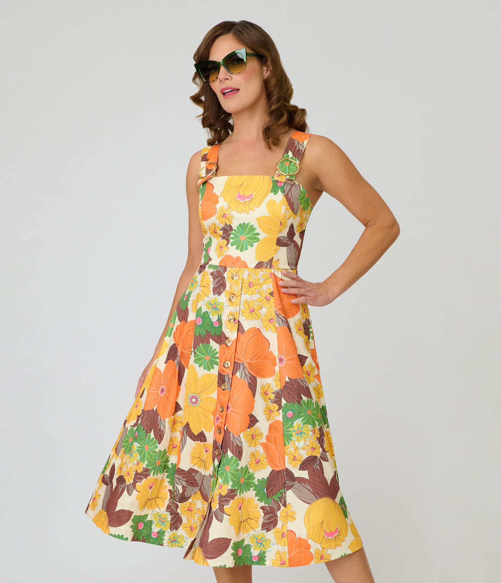 Unique Vintage Orange Floral Picnic Perfect Midi Dress