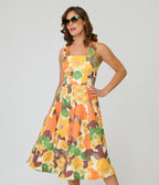 Unique Vintage Orange Floral Picnic Perfect Midi Dress