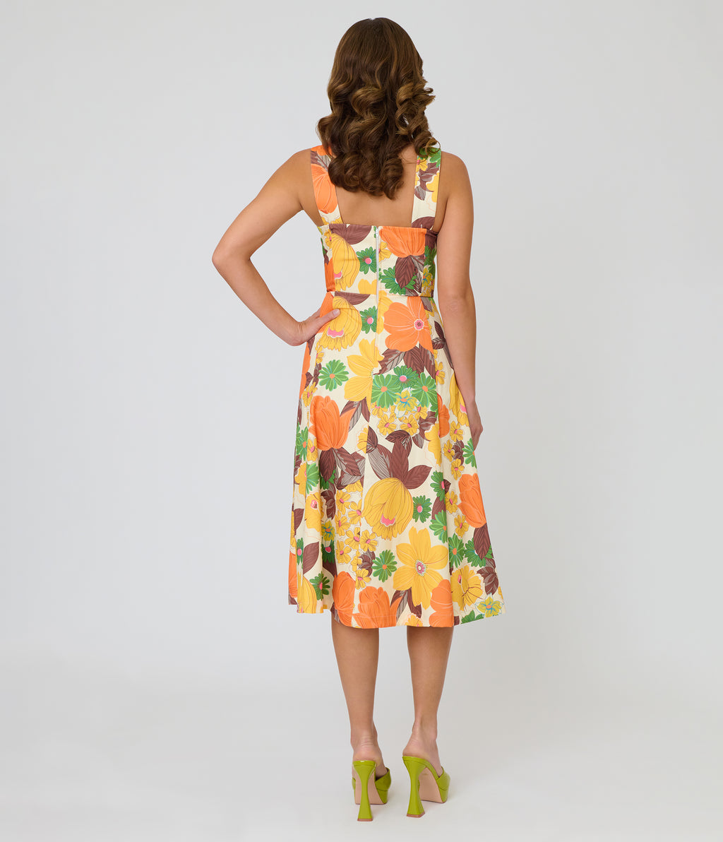 Unique Vintage Orange Floral Picnic Perfect Midi Dress