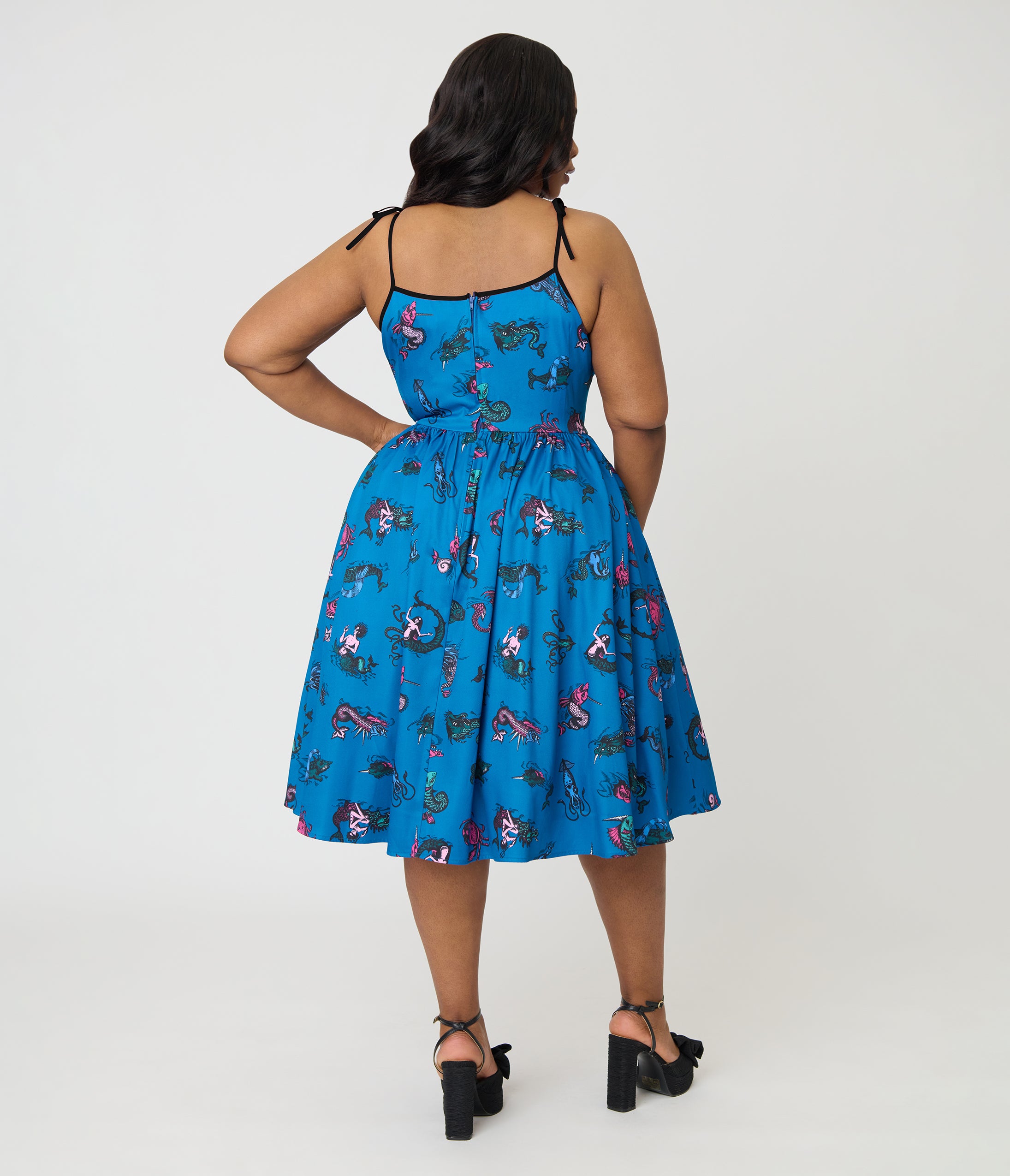 Unique Vintage Plus Size Blue Sea Creatures Sleeveless Swing Dress