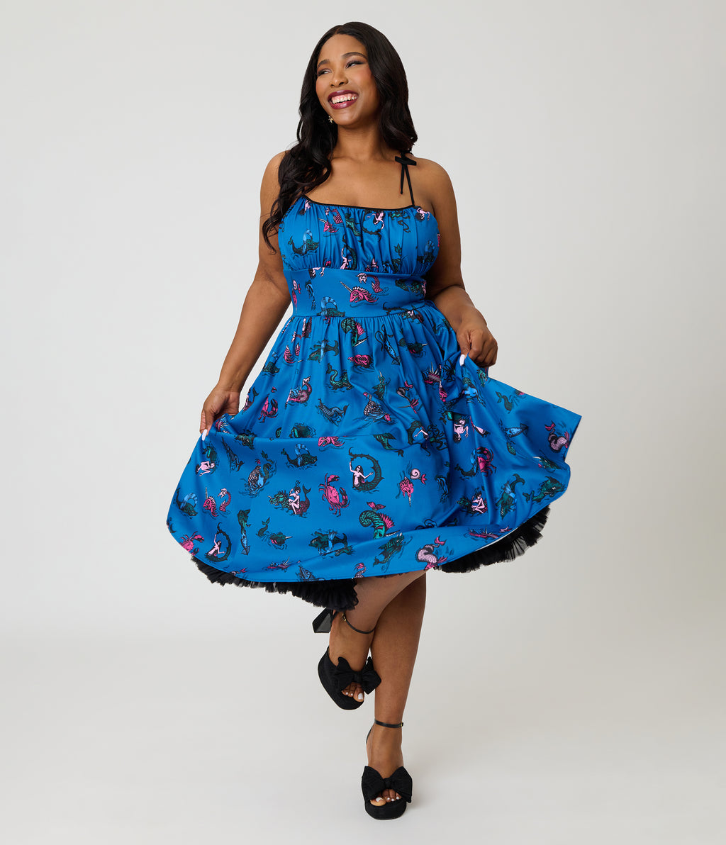 Unique Vintage Plus Size Blue Sea Creatures Sleeveless Swing Dress