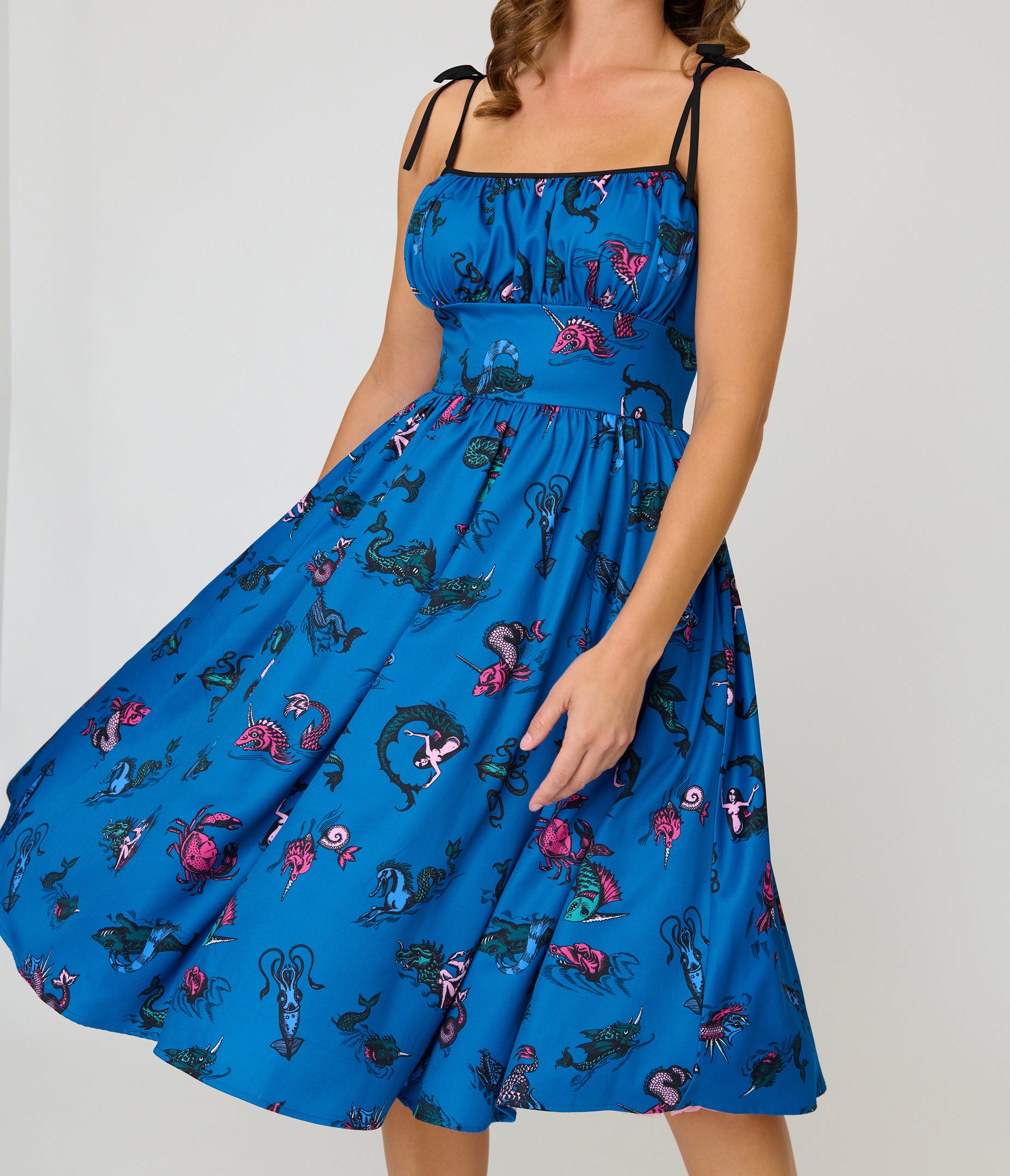 Unique Vintage Blue Sea Creatures Sleeveless Swing Dress