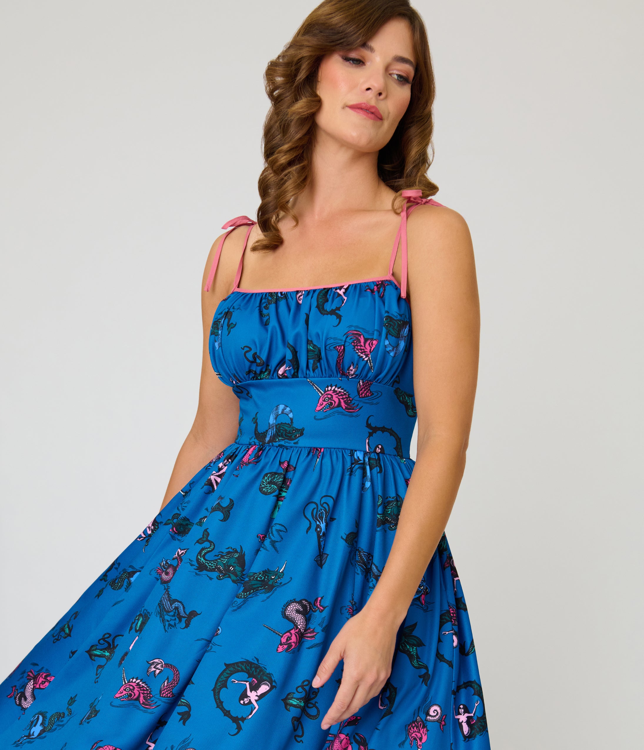 Unique Vintage Blue Sea Creatures Sleeveless Swing Dress