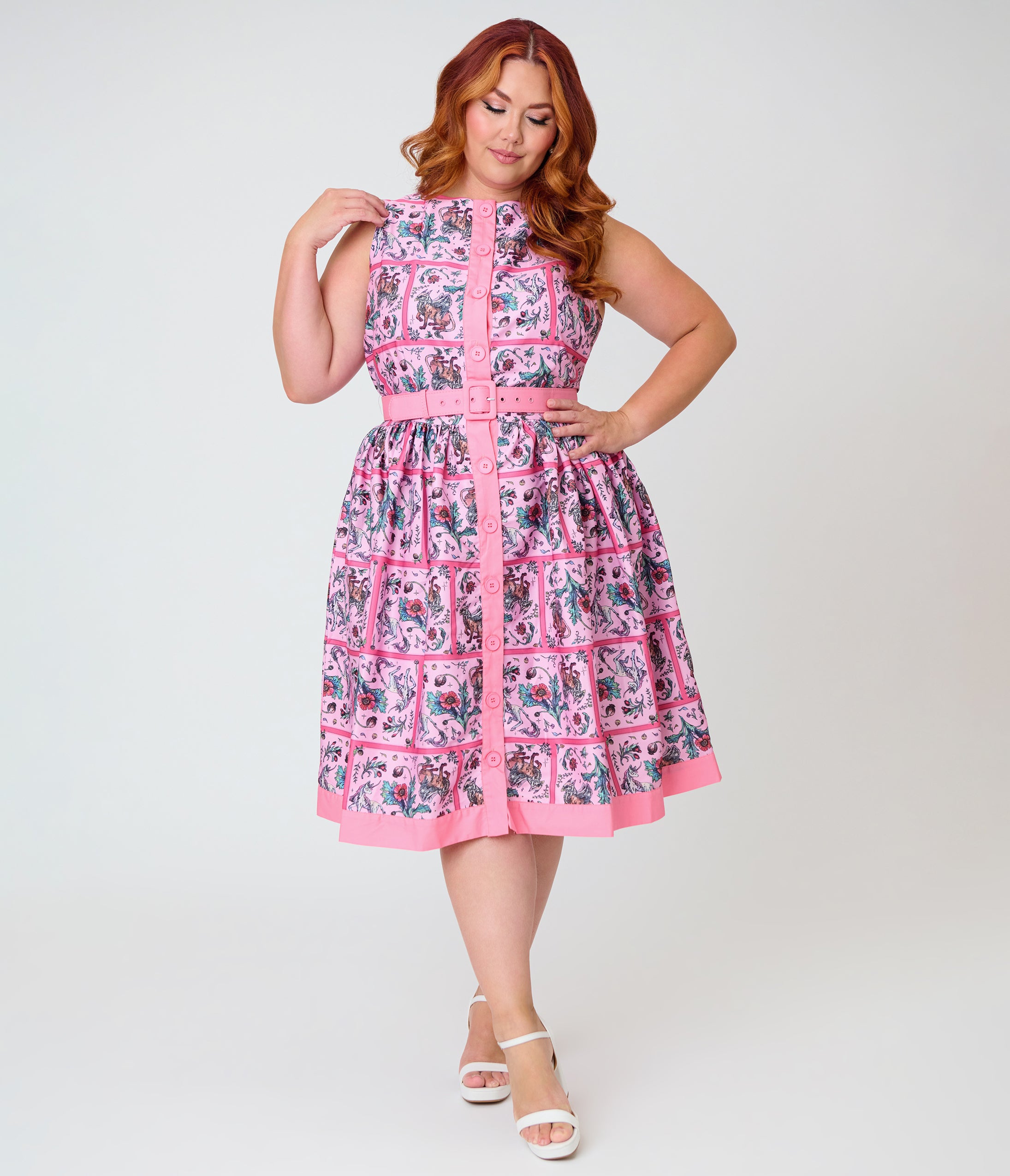 Unique Vintage Plus Size Pink Mythical Creatures Sleeveless Button Swing Dress