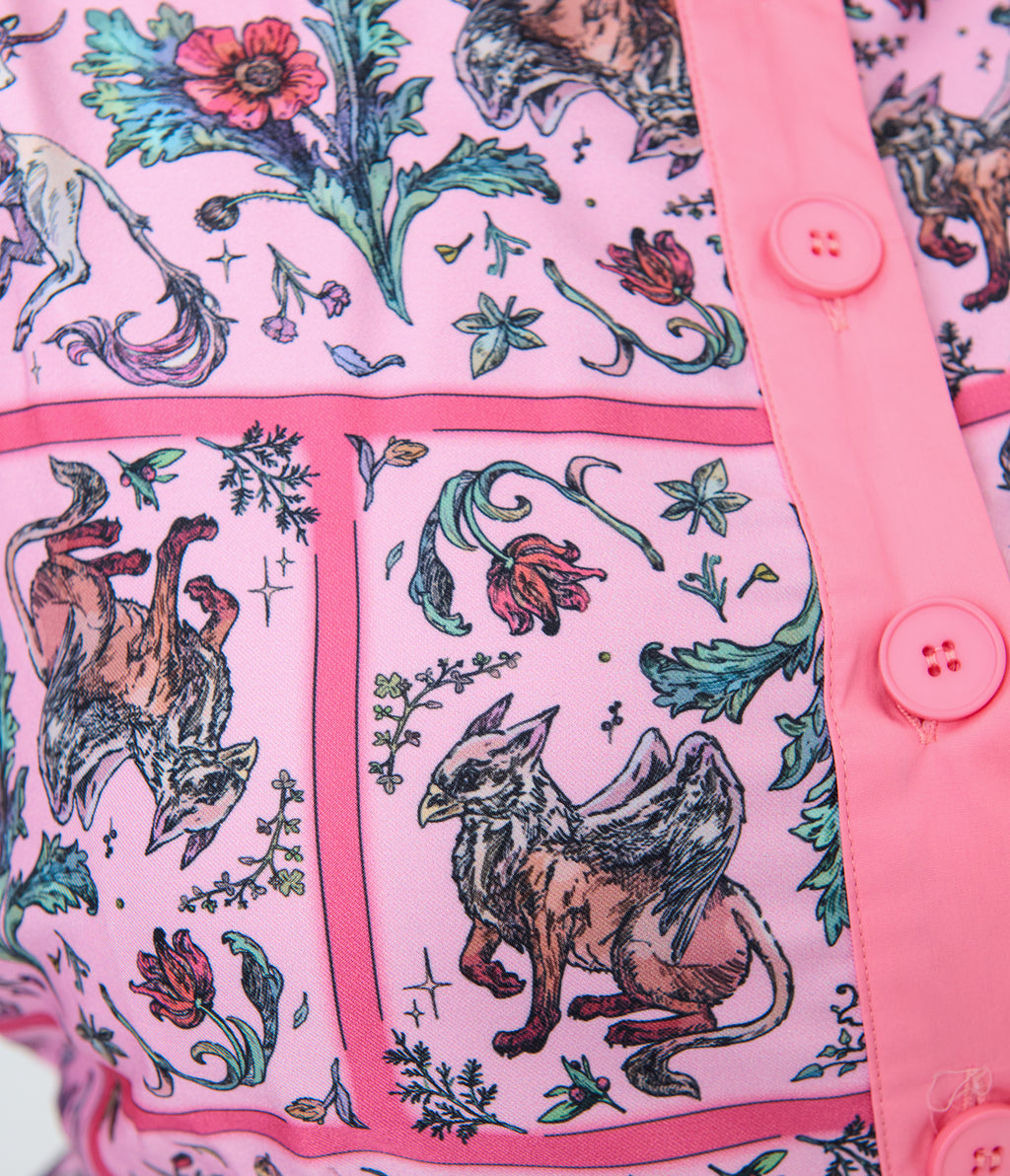 Unique Vintage Plus Size Pink Mythical Creatures Sleeveless Button Swing Dress
