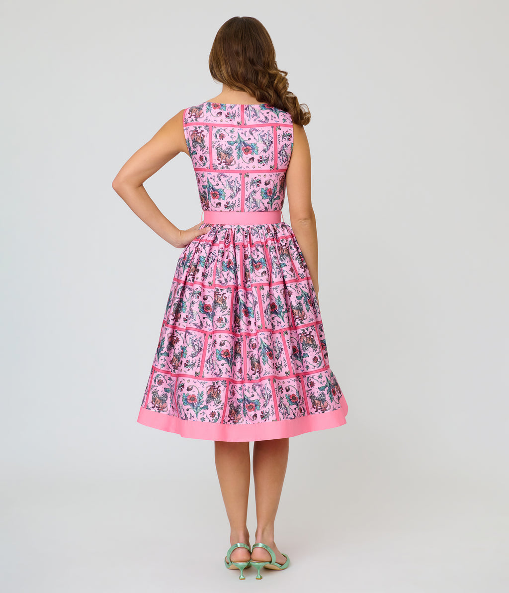 Unique Vintage Pink Mythical Creatures Sleeveless Button Swing Dress
