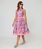 Unique Vintage Pink Mythical Creatures Sleeveless Button Swing Dress