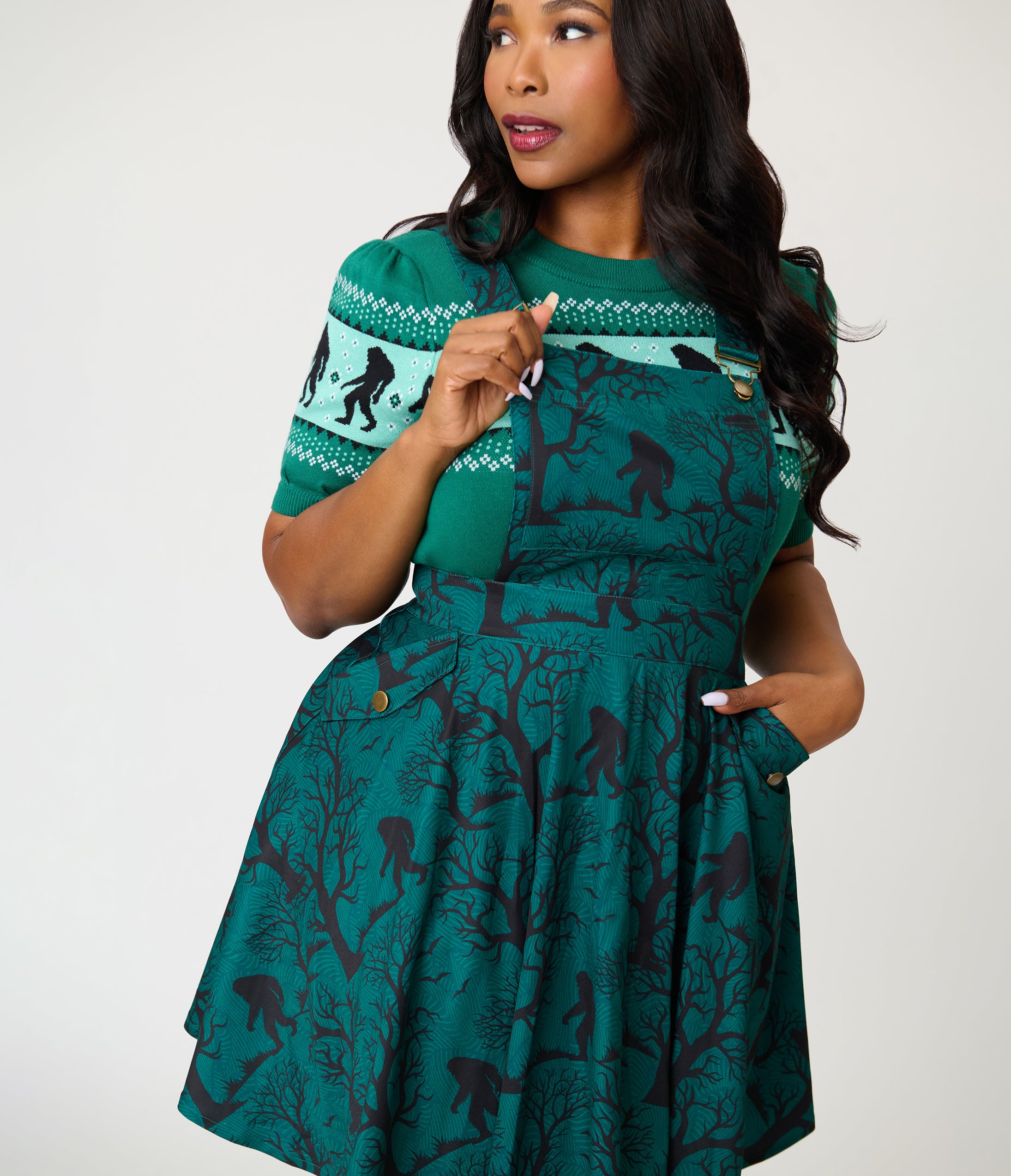 Unique Vintage Plus Size Forest Green Sasquatch Brionne Pinafore Skirt