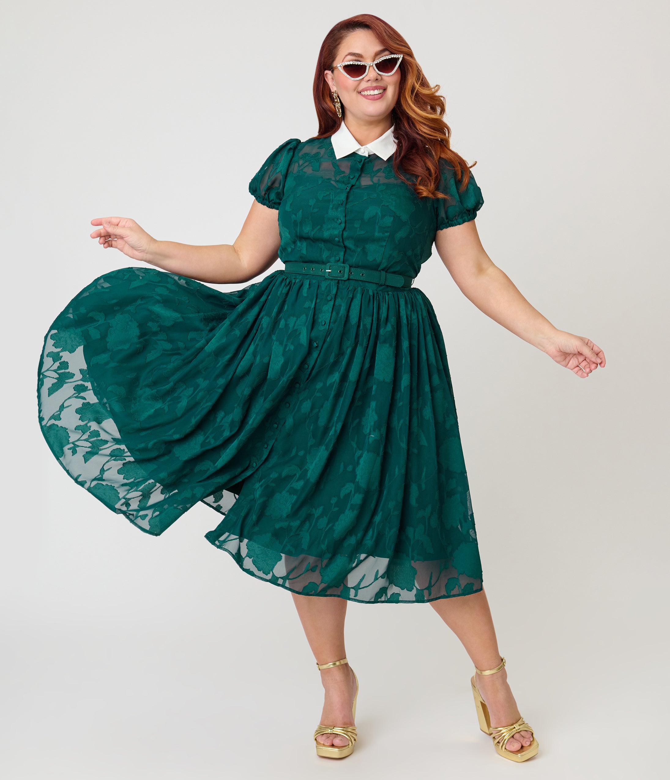 Unique Vintage Plus Size Teal Floral Jacquard Hollie Swing Dress