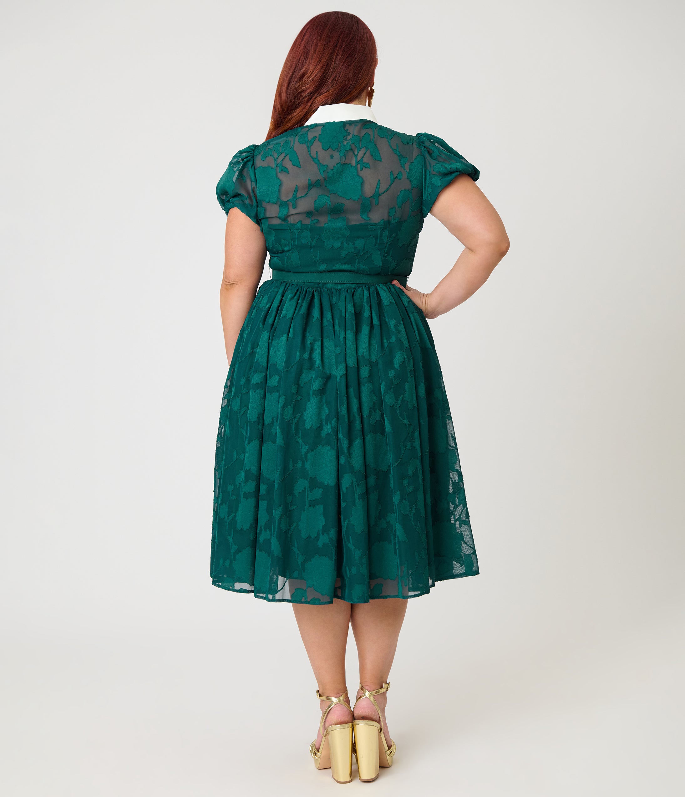 Unique Vintage Plus Size Teal Floral Jacquard Hollie Swing Dress
