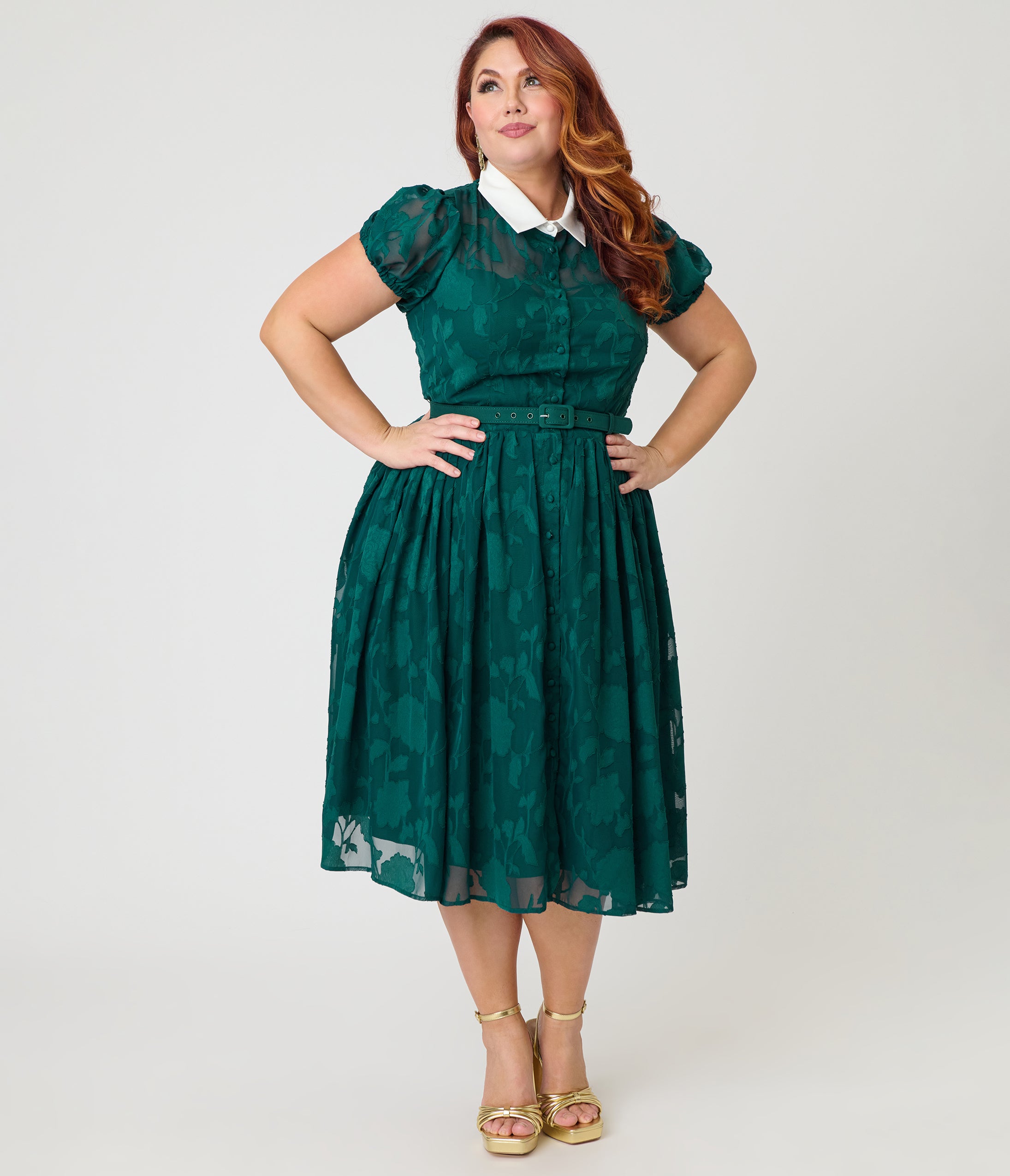 Unique Vintage Plus Size Teal Floral Jacquard Hollie Swing Dress