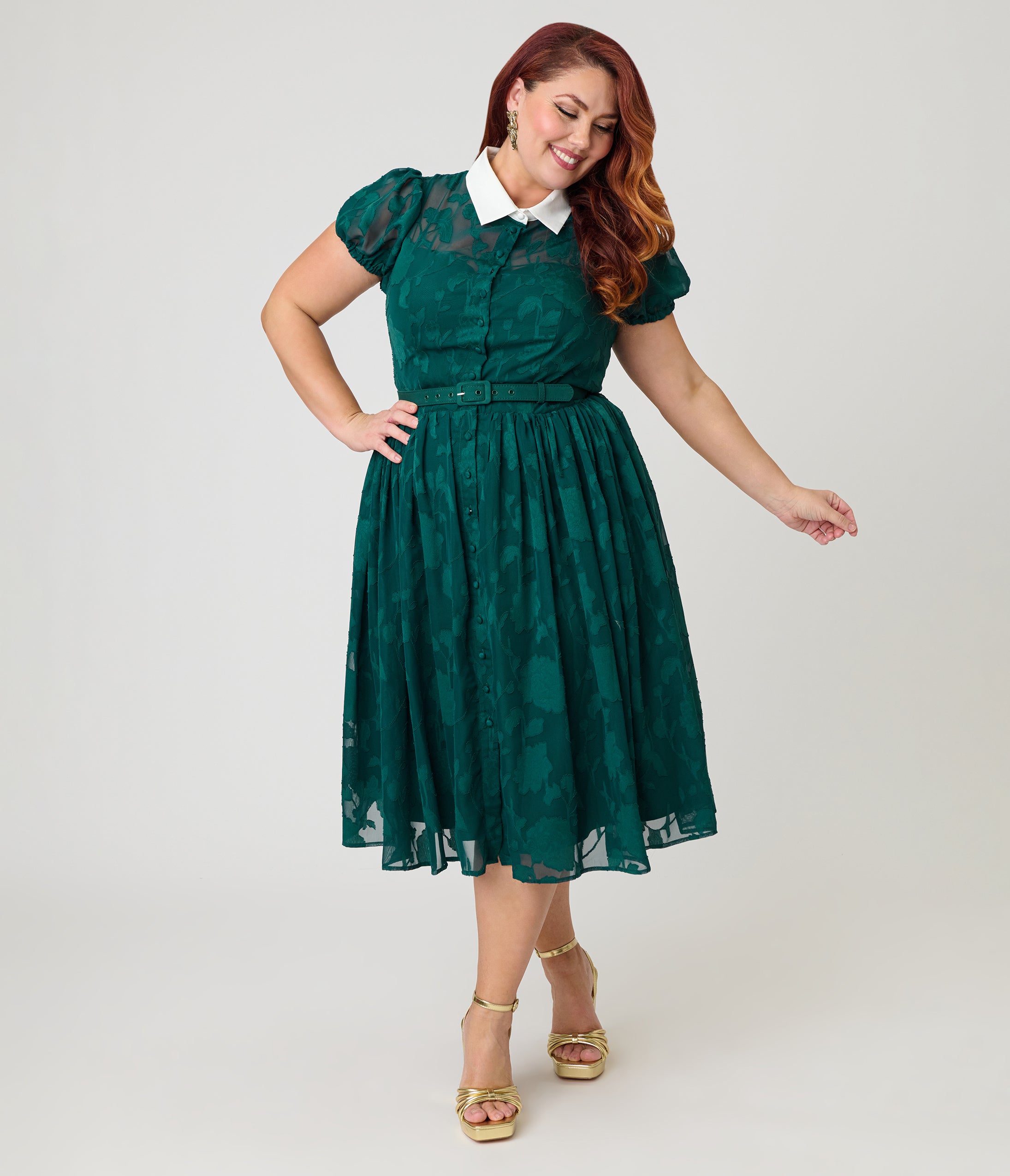 Unique Vintage Plus Size Teal Floral Jacquard Hollie Swing Dress