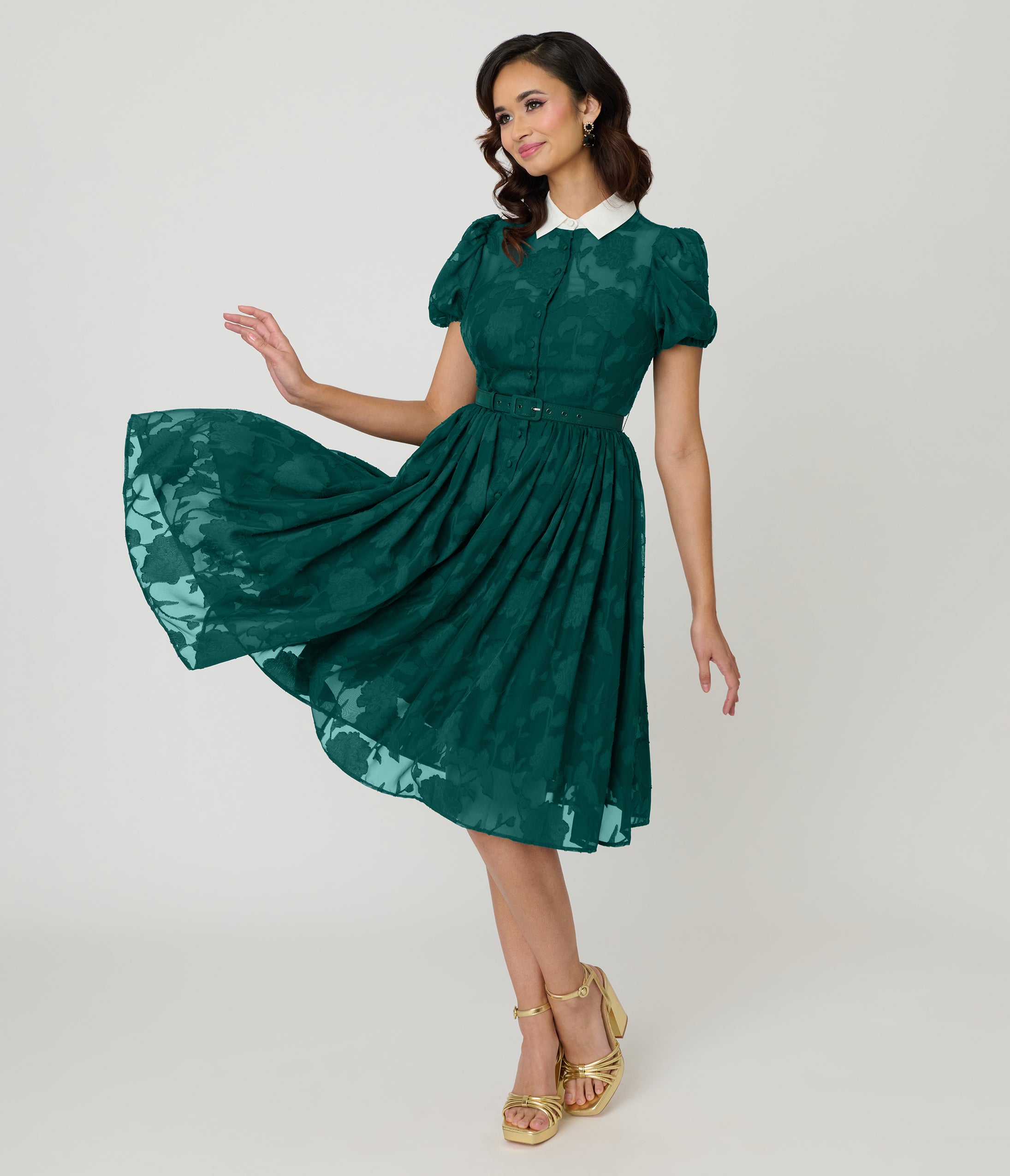 Unique Vintage Teal Floral Jacquard Hollie Swing Dress