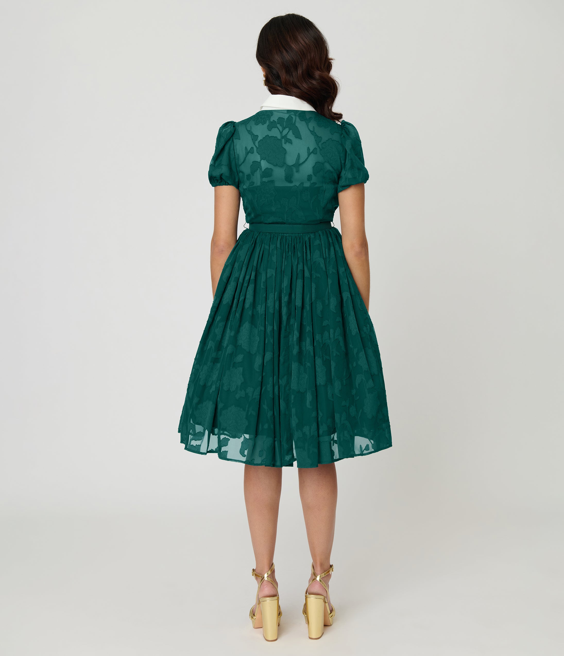 Unique Vintage Teal Floral Jacquard Hollie Swing Dress