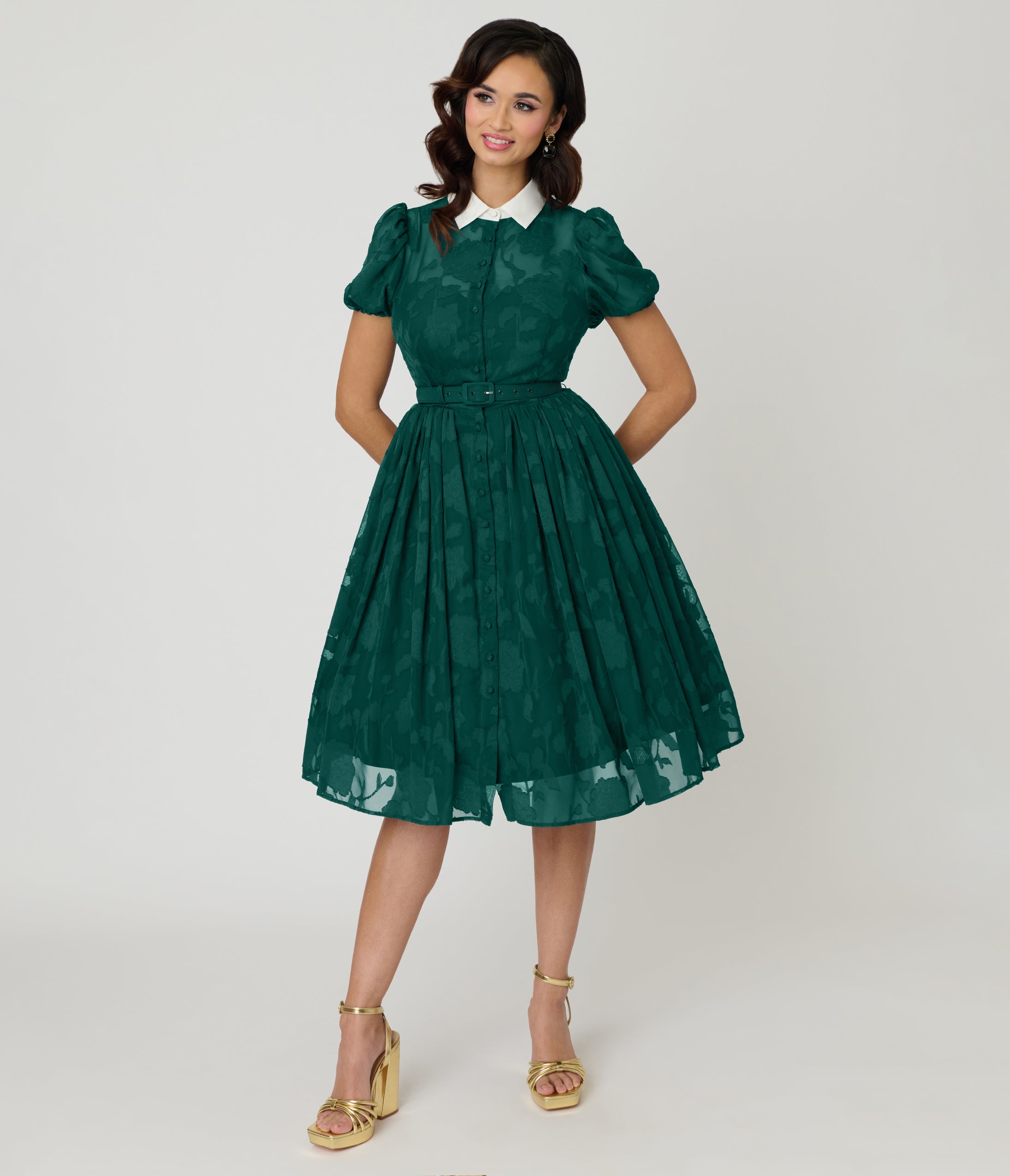 Unique Vintage Teal Floral Jacquard Hollie Swing Dress