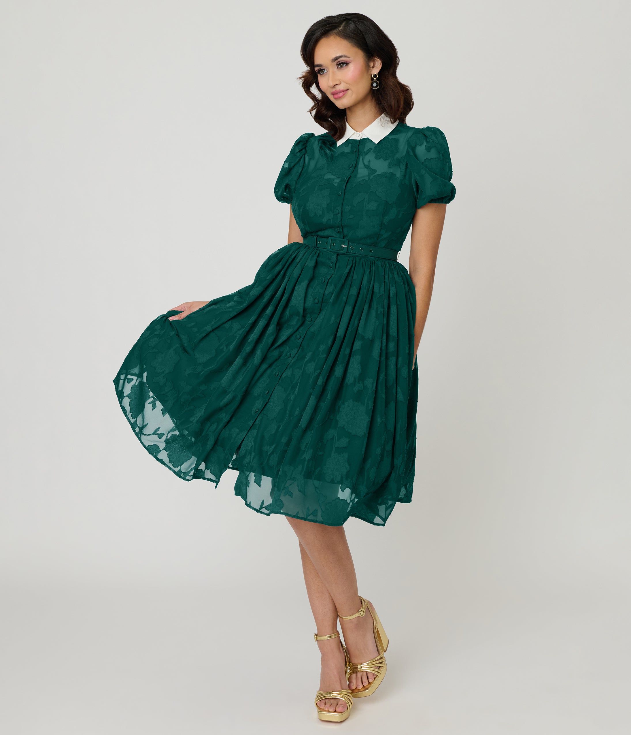 Unique Vintage Teal Floral Jacquard Hollie Swing Dress