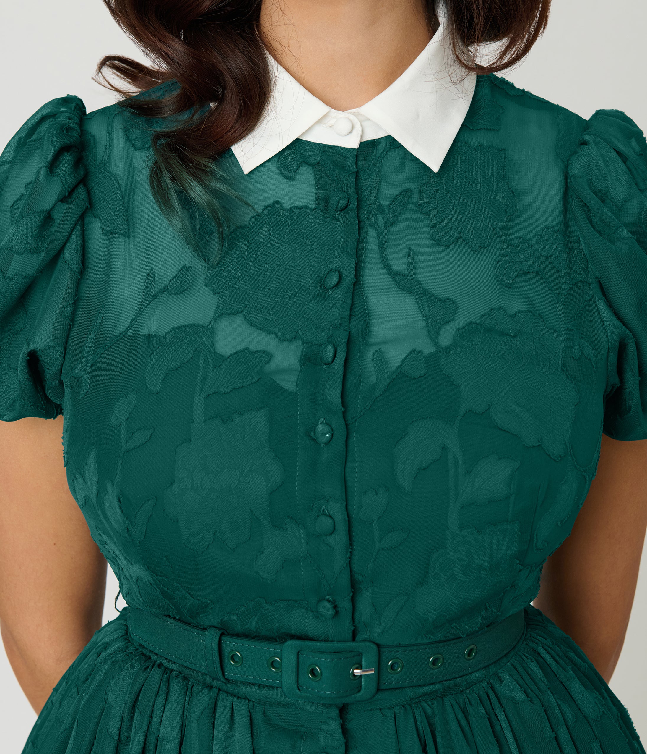 Unique Vintage Teal Floral Jacquard Hollie Swing Dress