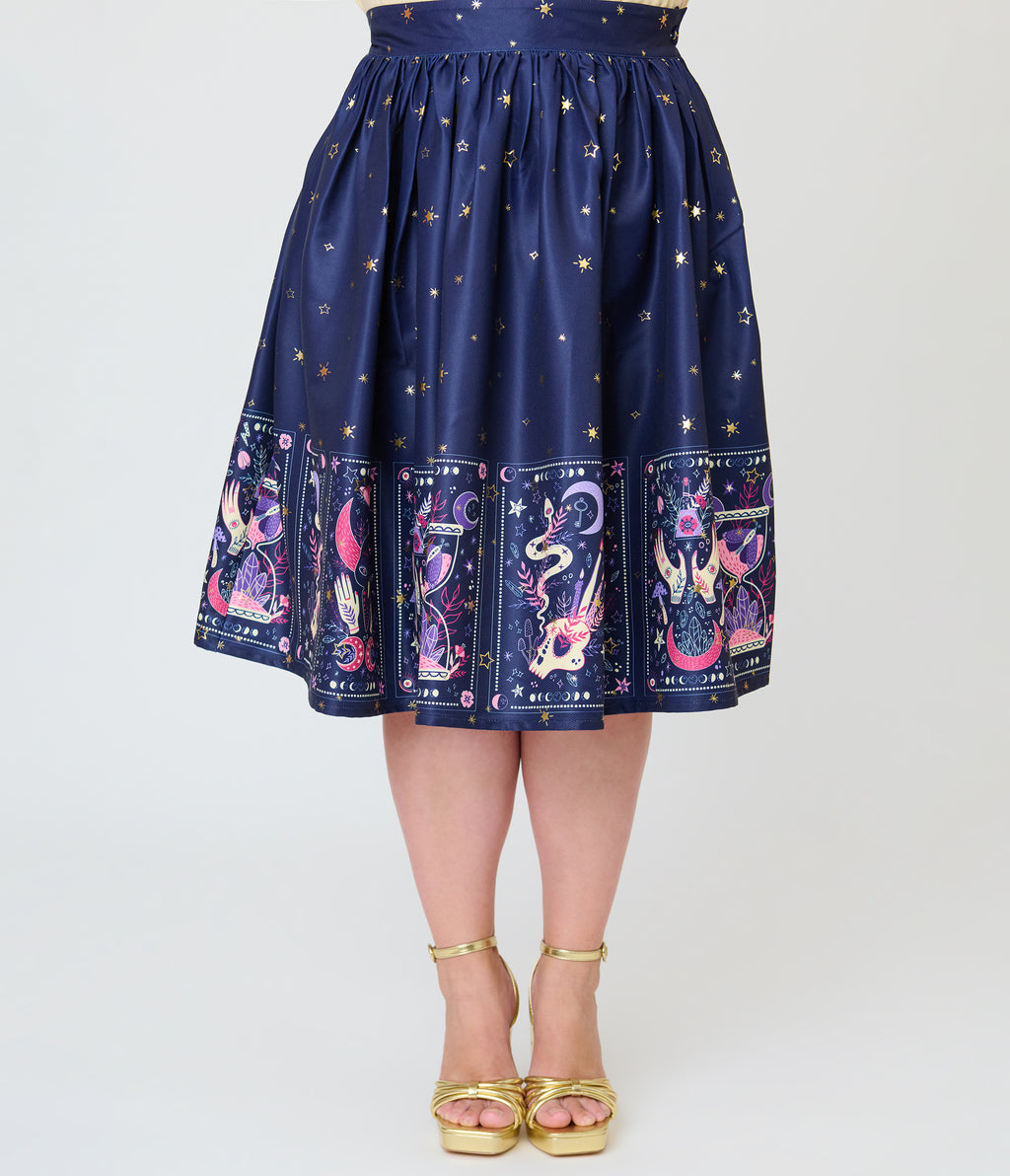 Unique Vintage Plus Size Navy Tarot Gellar Swing Skirt