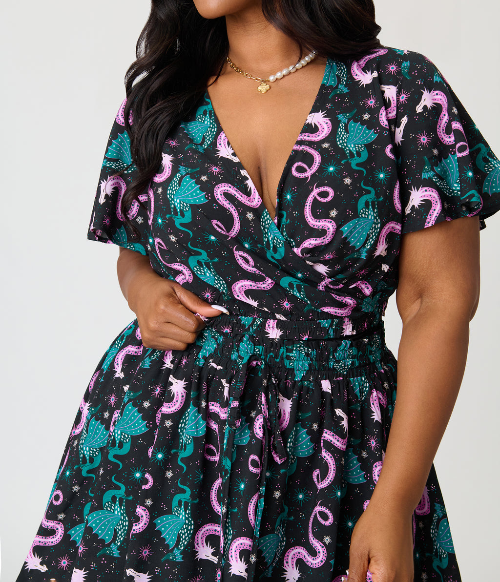 Unique Vintage Plus Size Black Dragon Print Dottie Crop Top