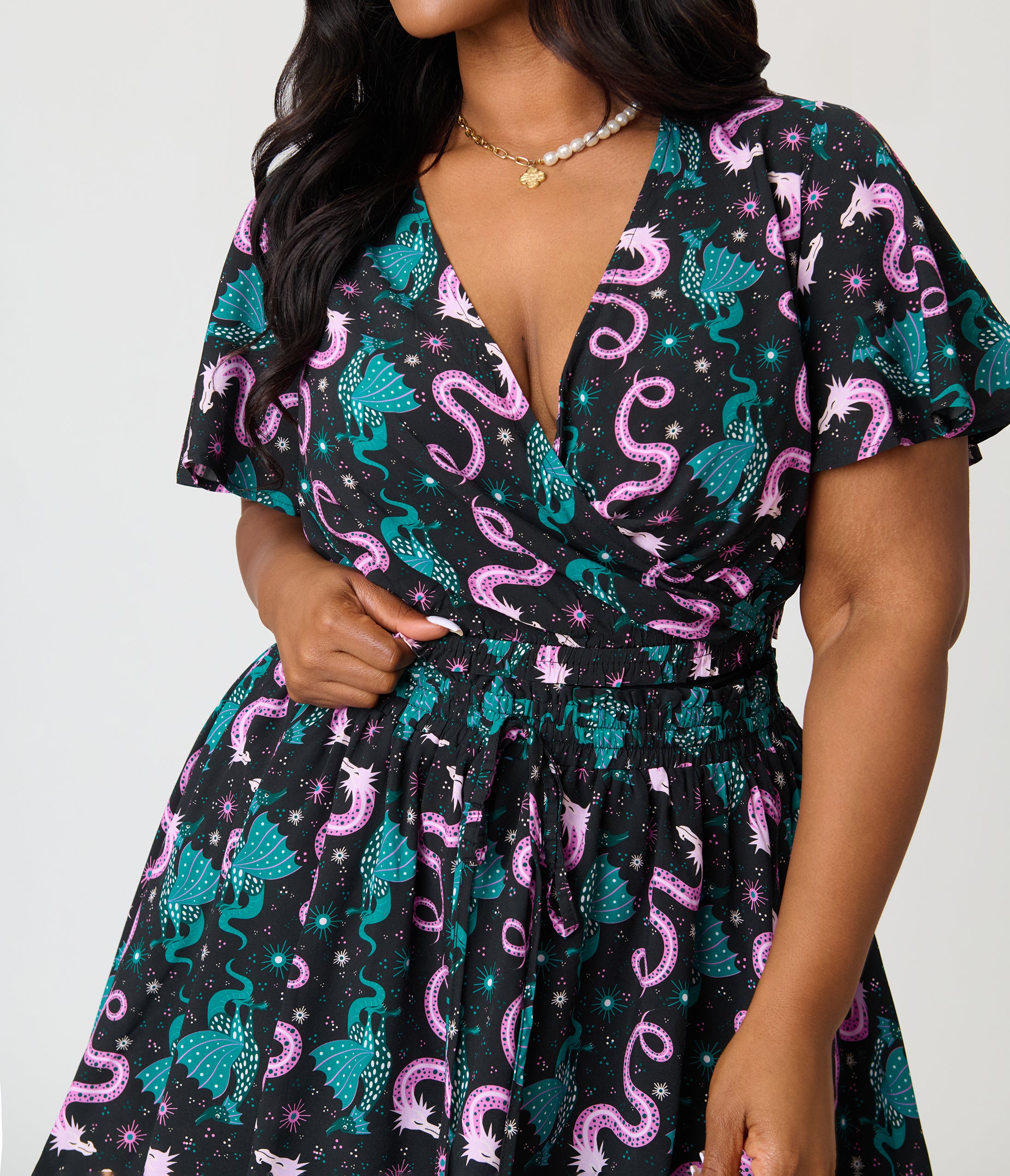Unique Vintage Plus Size Black Dragon Print Dottie Crop Top