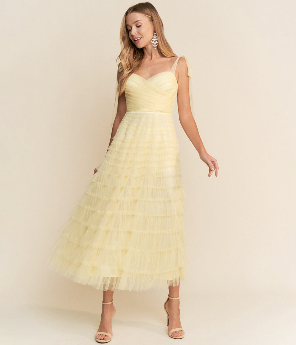 Yellow Tulle Tiered Midi Dress